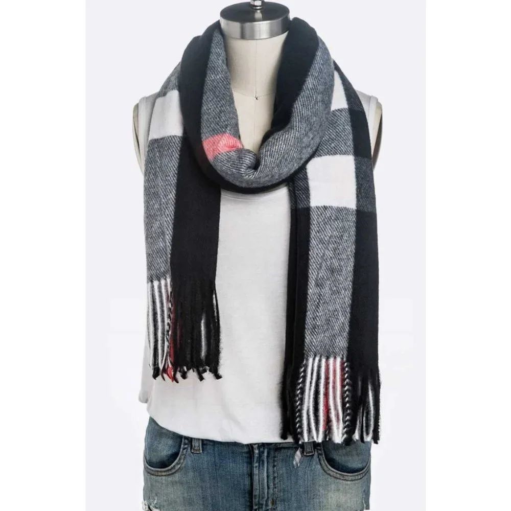 100% Cashmere Plaid Checker Soft Scarf Tassel- Black